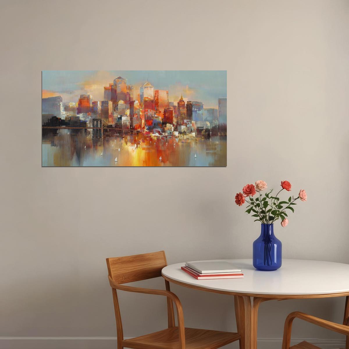 Sunset Cityscape Poster Abstract Urban Watercolor Modern Skyline Wall Art Decor Print - xonomax