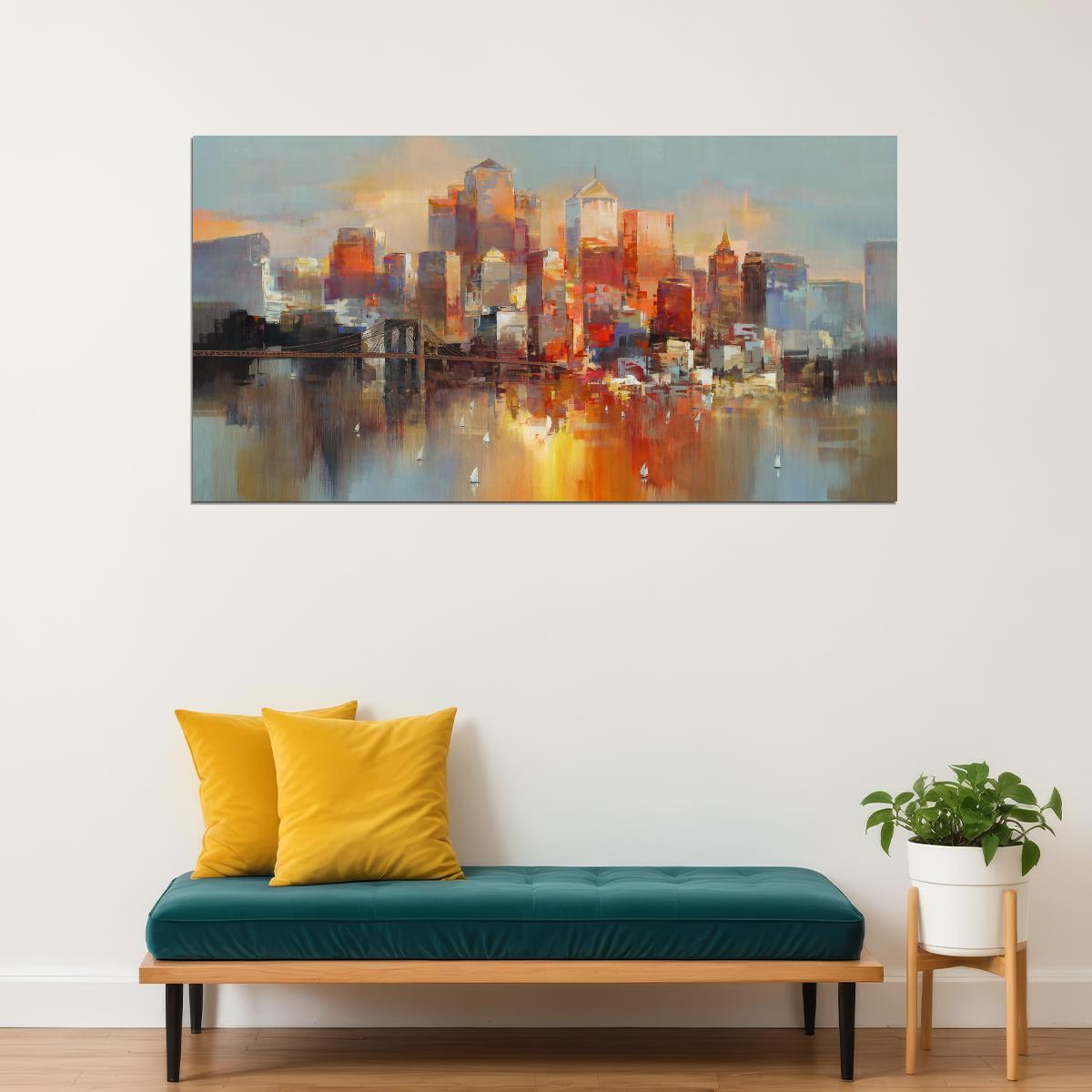Sunset Cityscape Poster Abstract Urban Watercolor Modern Skyline Wall Art Decor Print - xonomax