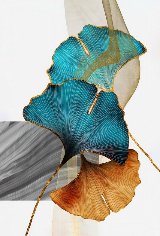 Golden and Blue Ginkgo Leaves Poster Elegant Botanical Art Minimalist Nature Wall Decor Print