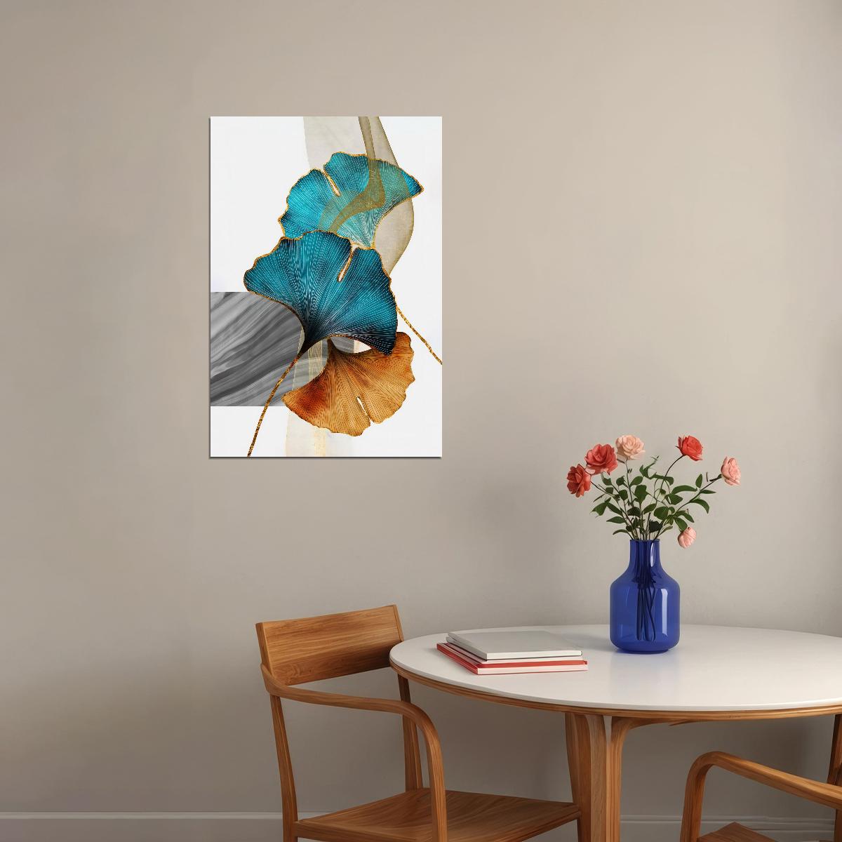 Golden and Blue Ginkgo Leaves Poster Elegant Botanical Art Minimalist Nature Wall Decor Print - xonomax