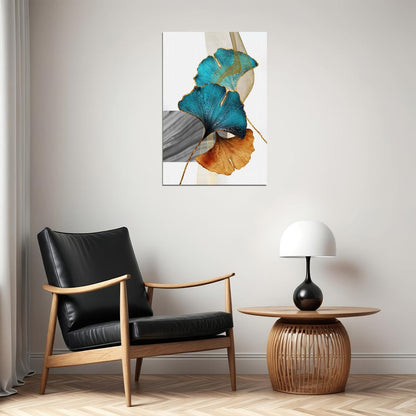 Golden and Blue Ginkgo Leaves Poster Elegant Botanical Art Minimalist Nature Wall Decor Print - xonomax