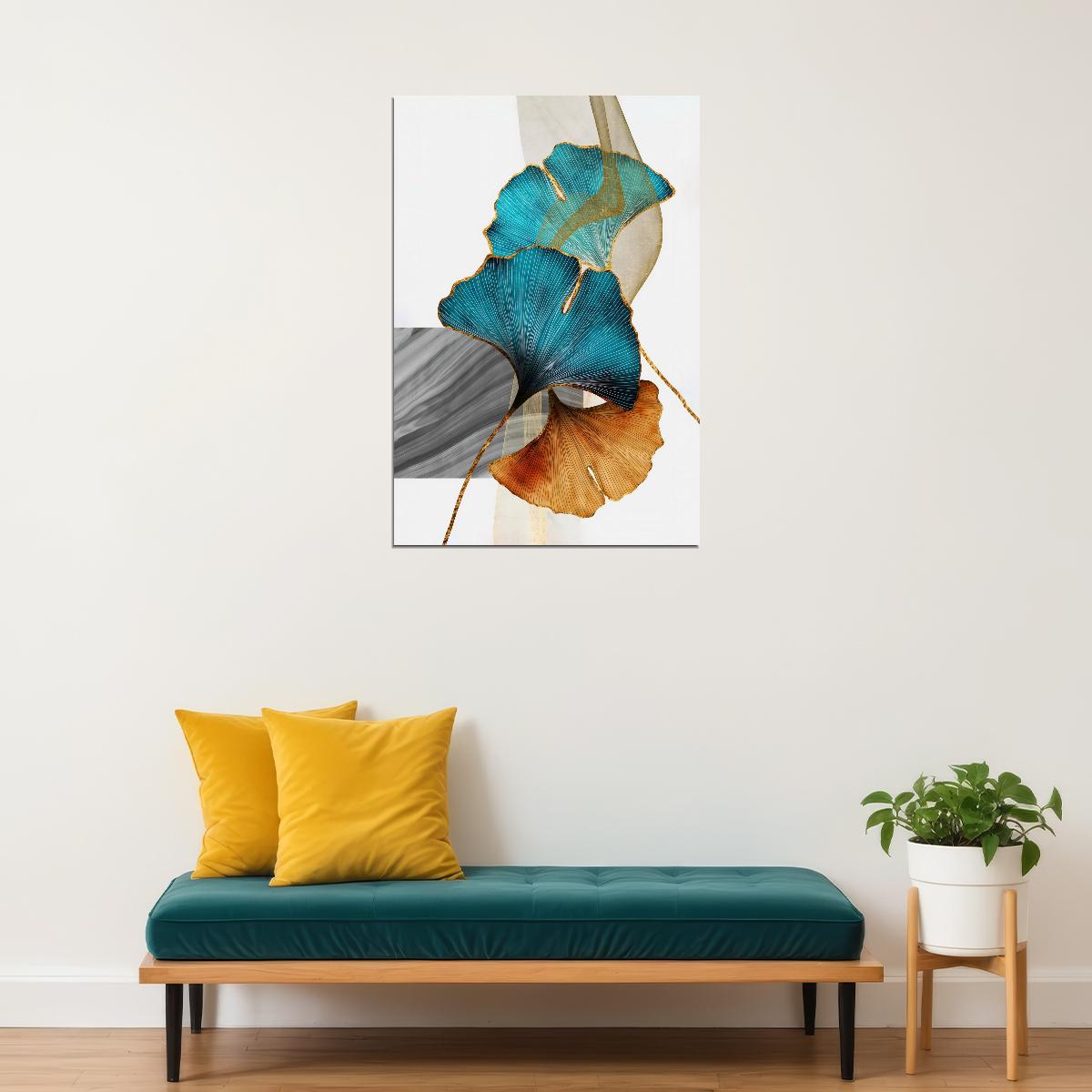 Golden and Blue Ginkgo Leaves Poster Elegant Botanical Art Minimalist Nature Wall Decor Print - xonomax