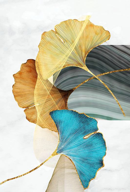 Elegant Ginkgo Leaf Poster Golden and Blue Botanical Nature Art Modern Wall Decor Print