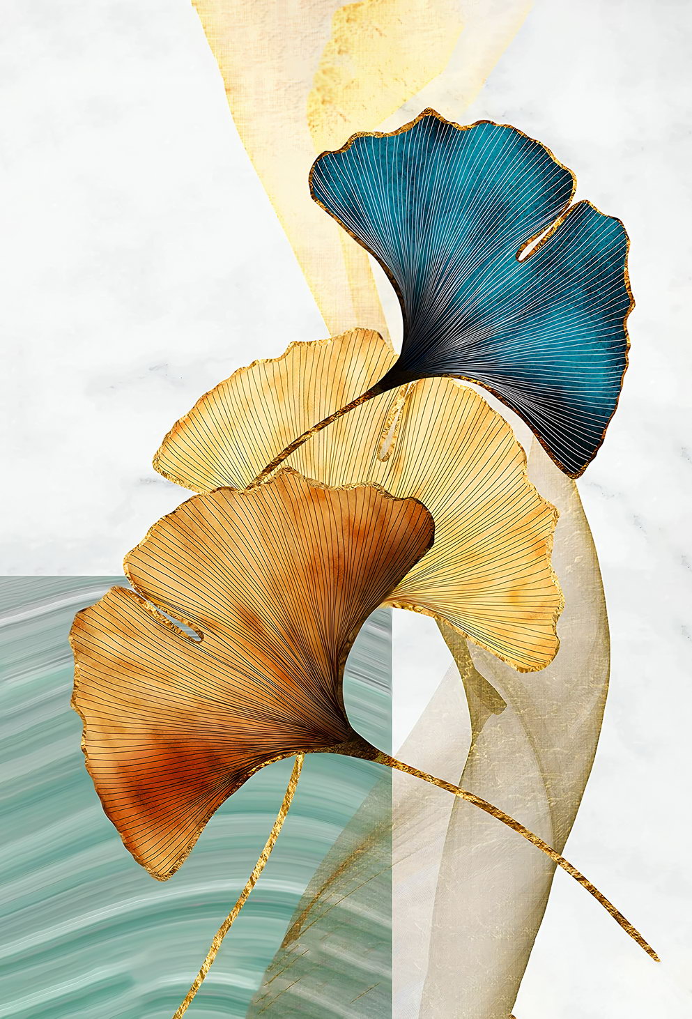 Golden and Blue Ginkgo Leaf Poster Minimalist Botanical Art Modern Nature Wall Decor Print - xonomax
