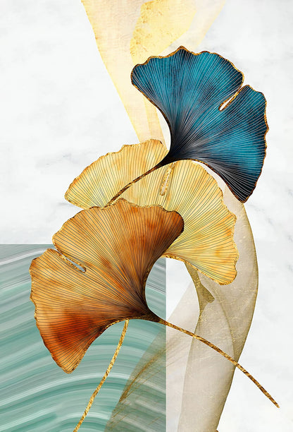 Golden and Blue Ginkgo Leaf Poster Minimalist Botanical Art Modern Nature Wall Decor Print - xonomax