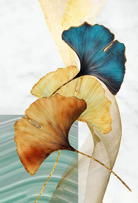 Golden and Blue Ginkgo Leaf Poster Minimalist Botanical Art Modern Nature Wall Decor Print