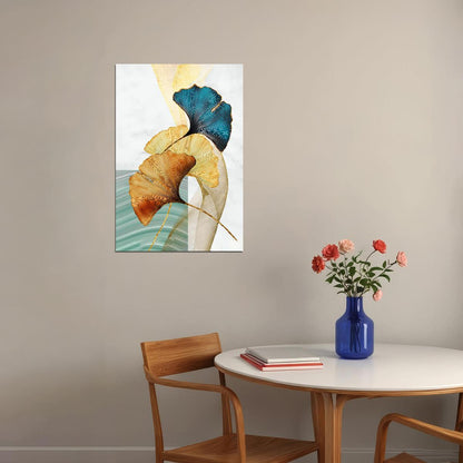 Golden and Blue Ginkgo Leaf Poster Minimalist Botanical Art Modern Nature Wall Decor Print - xonomax