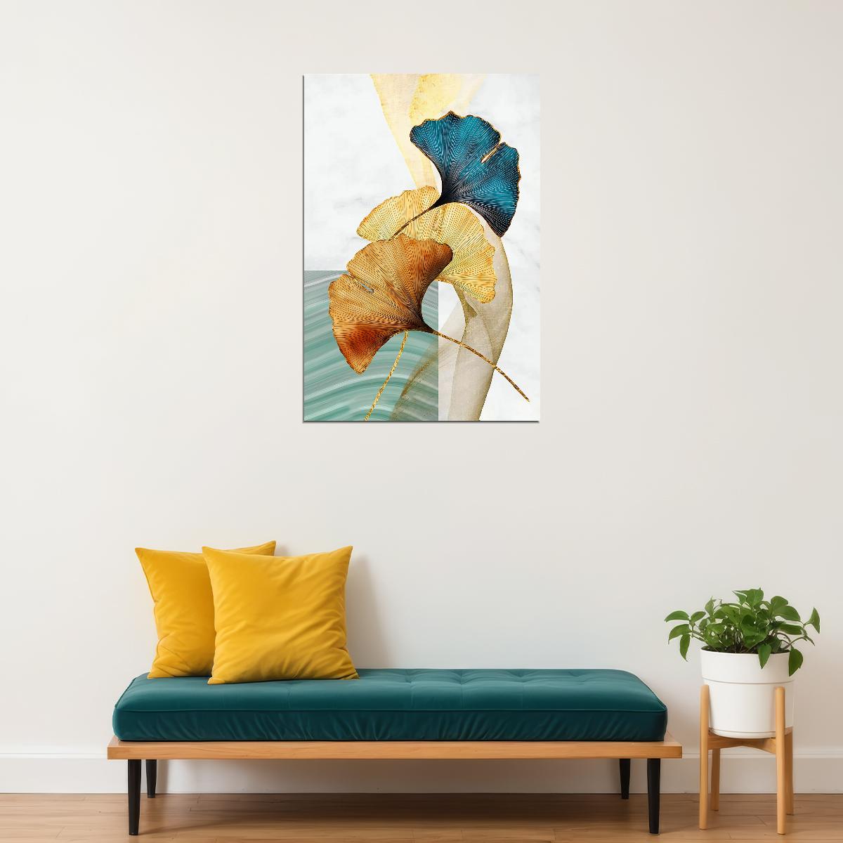 Golden and Blue Ginkgo Leaf Poster Minimalist Botanical Art Modern Nature Wall Decor Print - xonomax