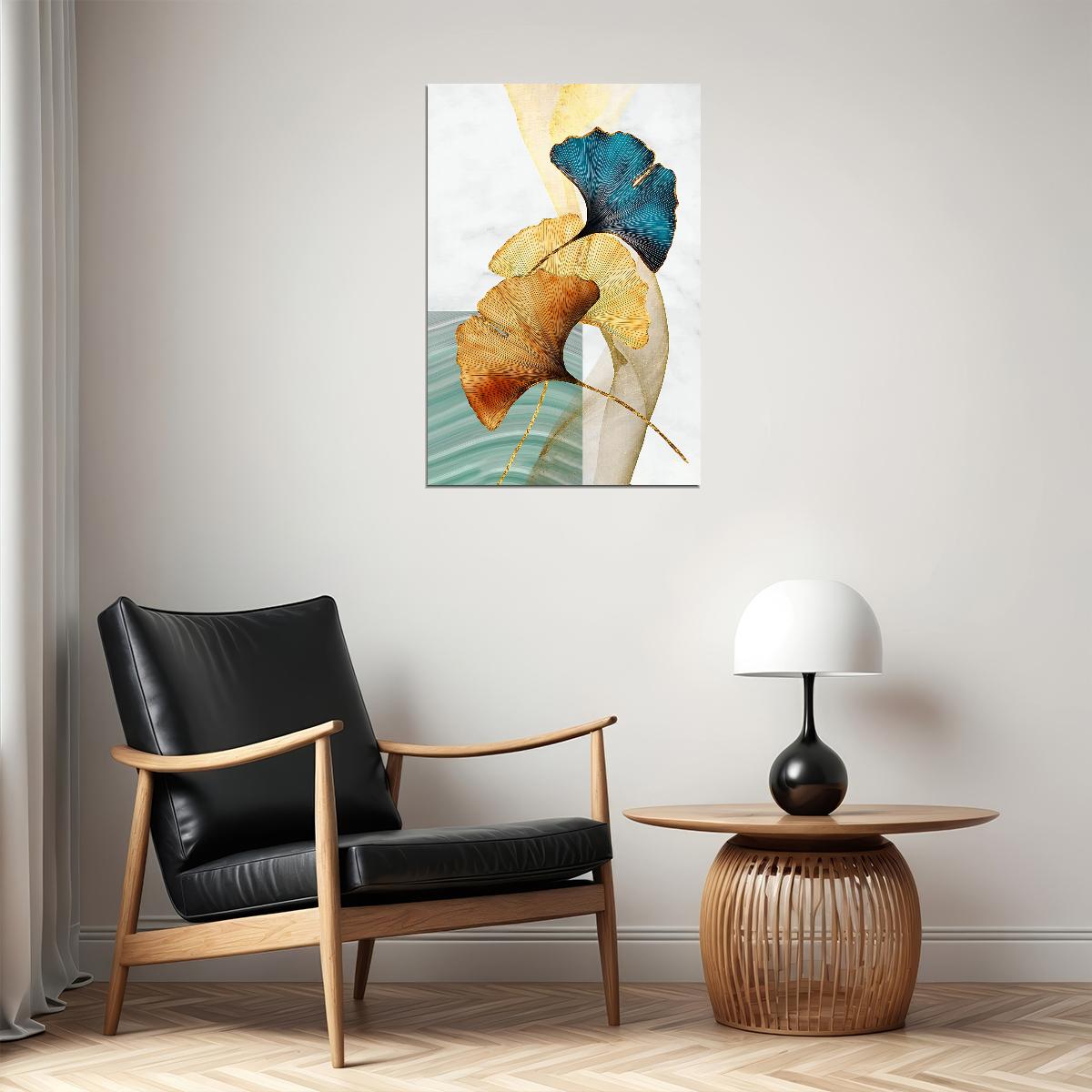 Golden and Blue Ginkgo Leaf Poster Minimalist Botanical Art Modern Nature Wall Decor Print - xonomax