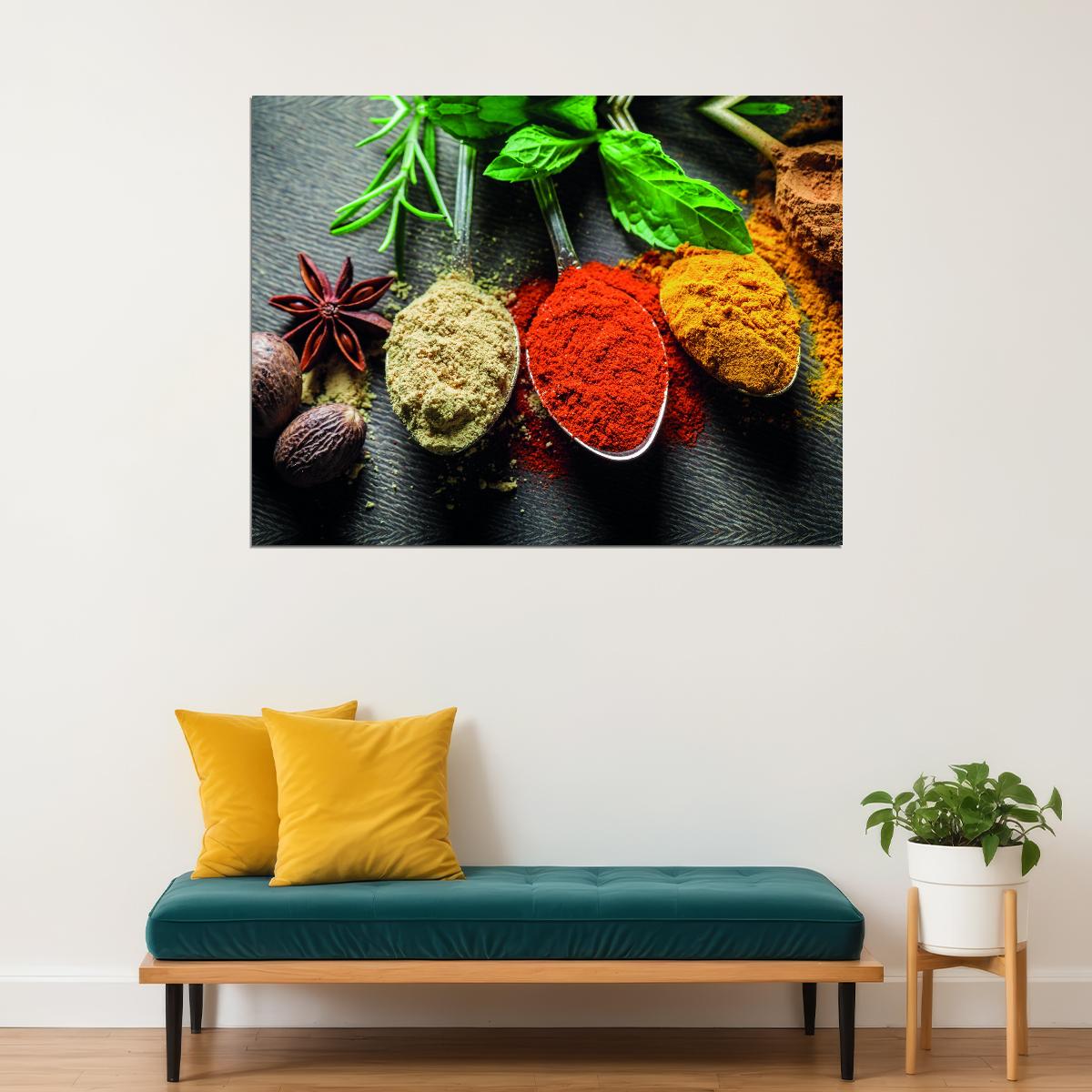 Assorted Spices Poster Vibrant Culinary Art Rustic Kitchen Decor Modern Food Wall Print - xonomax