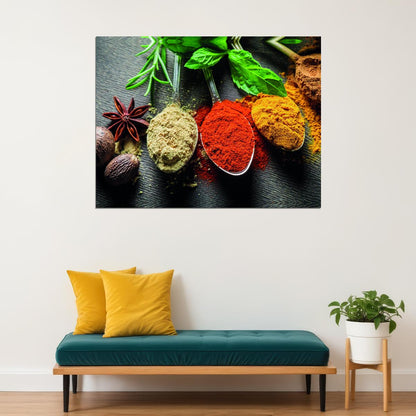Assorted Spices Poster Vibrant Culinary Art Rustic Kitchen Decor Modern Food Wall Print - xonomax