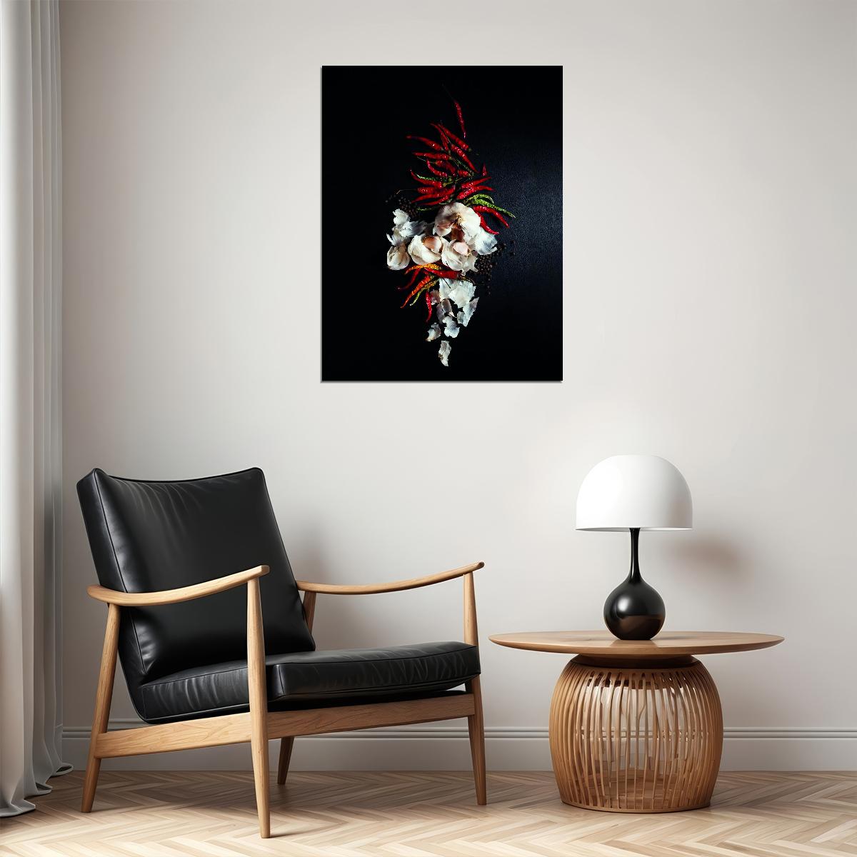 Chili Peppers and Garlic Poster Spicy Culinary Art Rustic Kitchen Decor Food Wall Print - xonomax