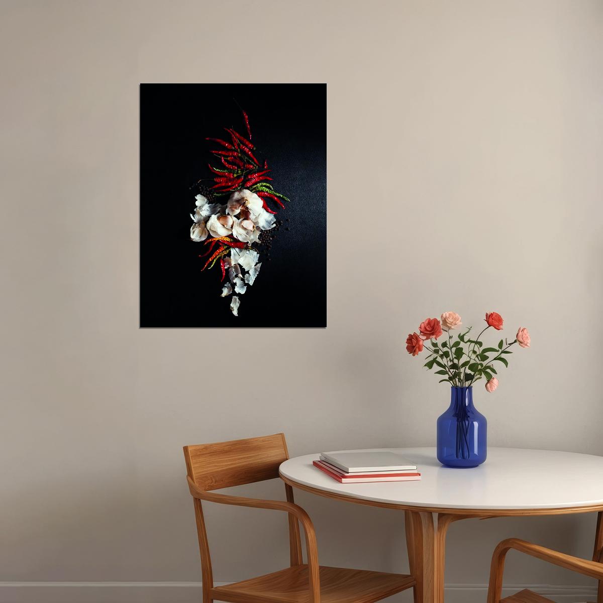 Chili Peppers and Garlic Poster Spicy Culinary Art Rustic Kitchen Decor Food Wall Print - xonomax