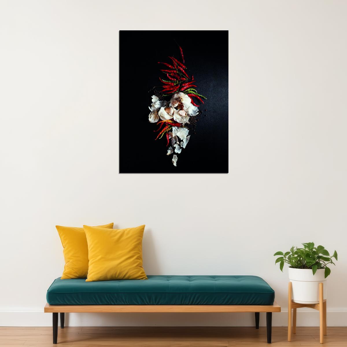 Chili Peppers and Garlic Poster Spicy Culinary Art Rustic Kitchen Decor Food Wall Print - xonomax