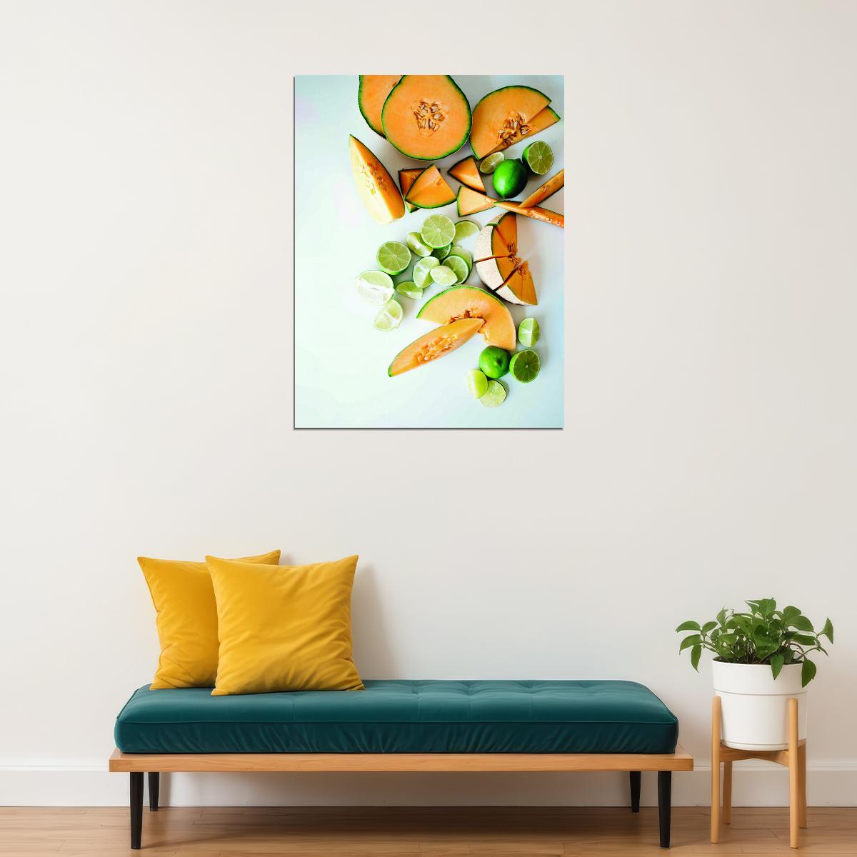 Fresh Melon and Lime Still Life Poster Modern Kitchen Art Vibrant Food Wall Decor Print - xonomax