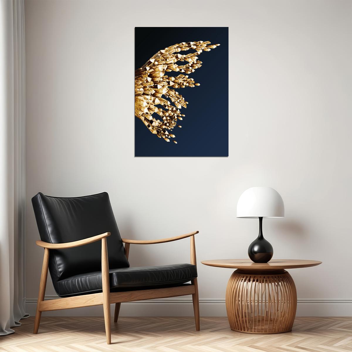 Golden Crystal Butterfly Wing Left Half Poster Luxury Abstract Nature Art Elegant Wall Decor Print - xonomax