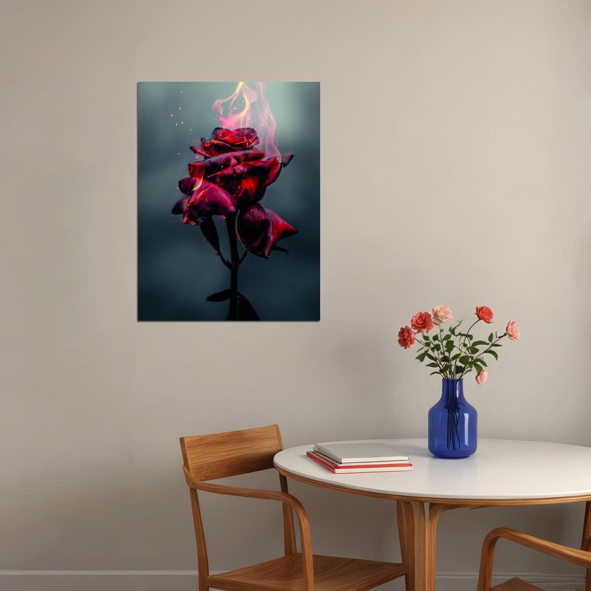 Magical Burning Beautiful Red Rose Poster Dramatic Floral Art Surreal Dark Red Flower Wall Decor Print