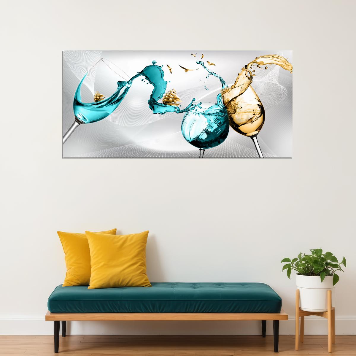 Dual Glass Splash Poster Minimalist Abstract Art Water and Wine Decor Print