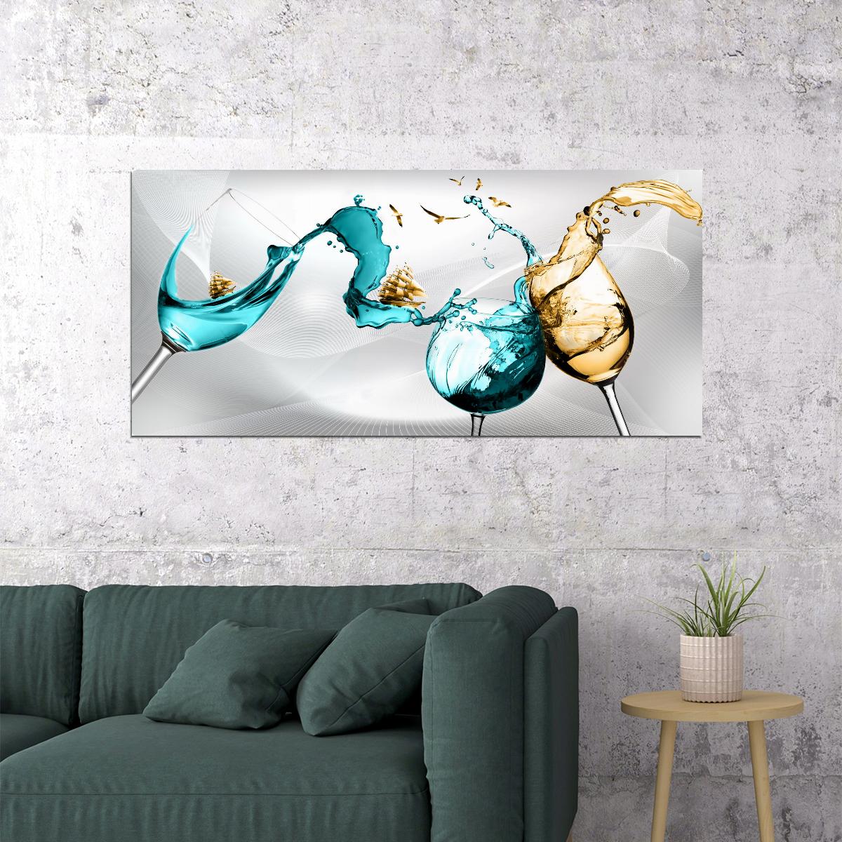 Dual Glass Splash Poster Minimalist Abstract Art Water and Wine Decor Print