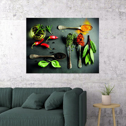 Spices and Fresh Herbs Poster Culinary Art Rustic Kitchen Decor Colorful Wall Print - xonomax