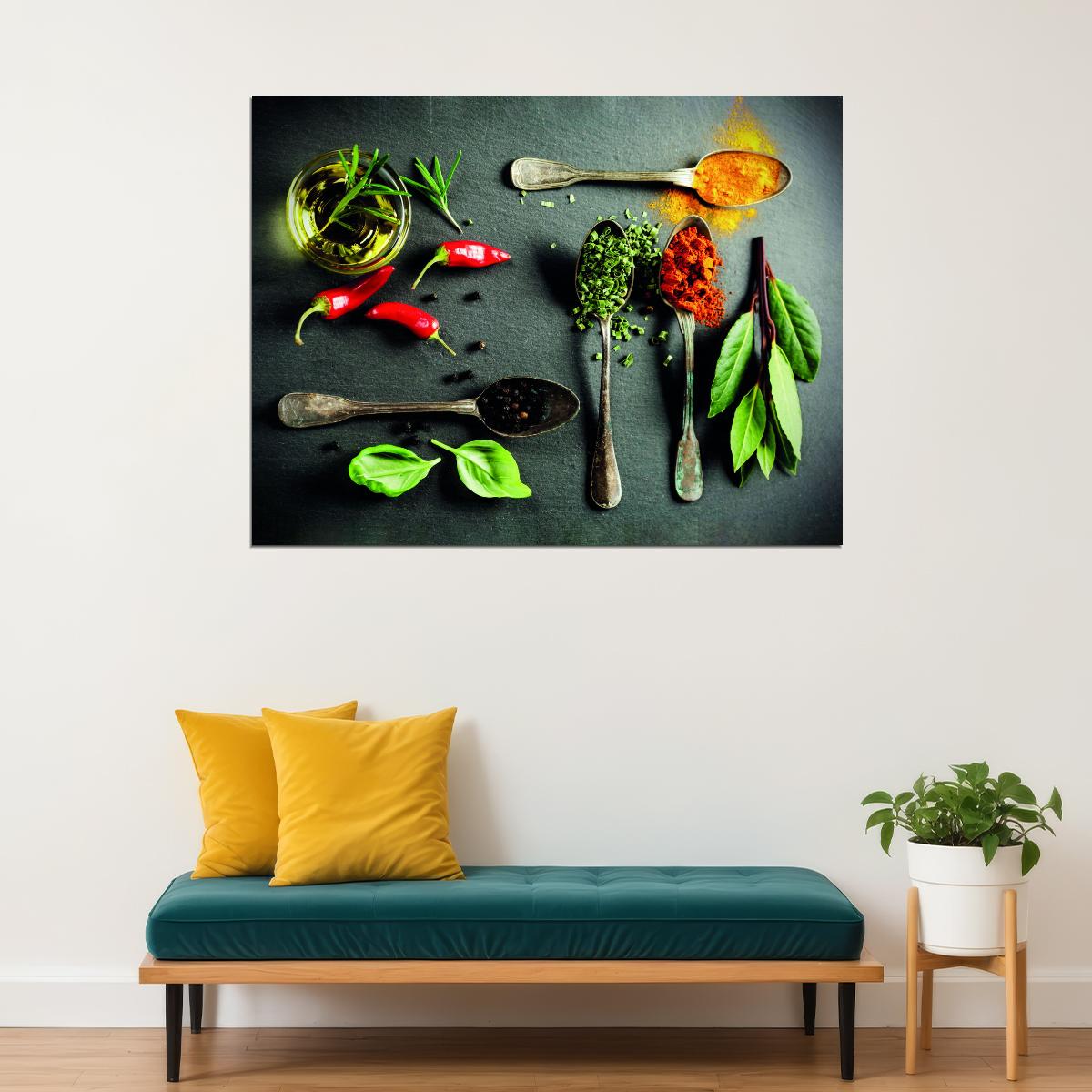Spices and Fresh Herbs Poster Culinary Art Rustic Kitchen Decor Colorful Wall Print - xonomax