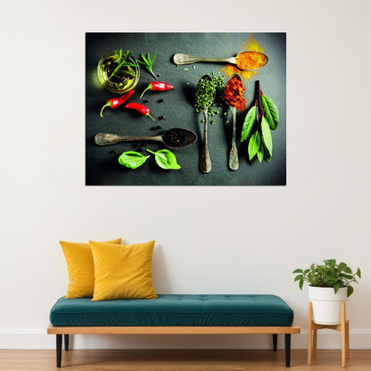 Spices and Fresh Herbs Poster Culinary Art Rustic Kitchen Decor Colorful Wall Print - xonomax