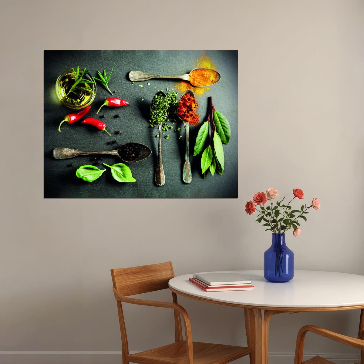 Spices and Fresh Herbs Poster Culinary Art Rustic Kitchen Decor Colorful Wall Print - xonomax