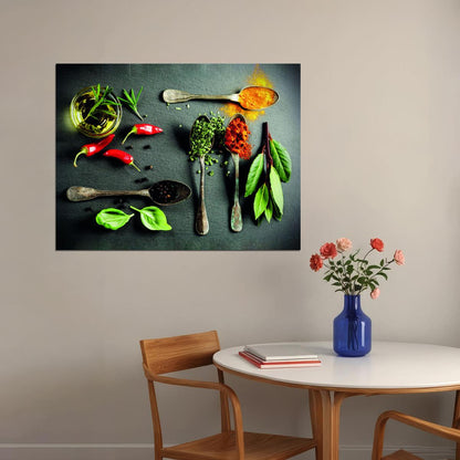 Spices and Fresh Herbs Poster Culinary Art Rustic Kitchen Decor Colorful Wall Print - xonomax