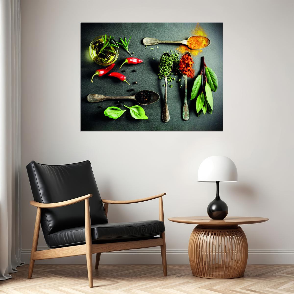 Spices and Fresh Herbs Poster Culinary Art Rustic Kitchen Decor Colorful Wall Print - xonomax
