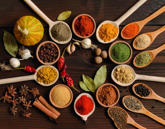 Colorful Spice Assortment Poster Rustic Culinary Art Kitchen Wall Decor Print