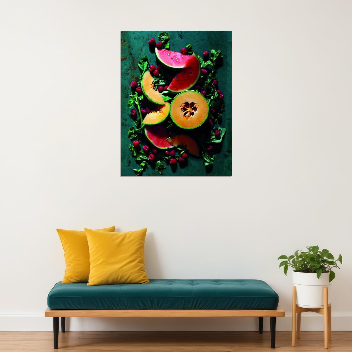 Rustic Melon Still Life Poster Fresh Fruit Kitchen Art Organic Food Wall Decor Print