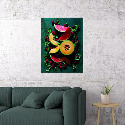 Rustic Melon Still Life Poster Fresh Fruit Kitchen Art Organic Food Wall Decor Print