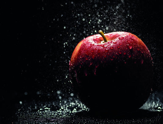 Red Apple with Water Droplets Poster Dramatic Fruit Photography Modern Wall Decor Print