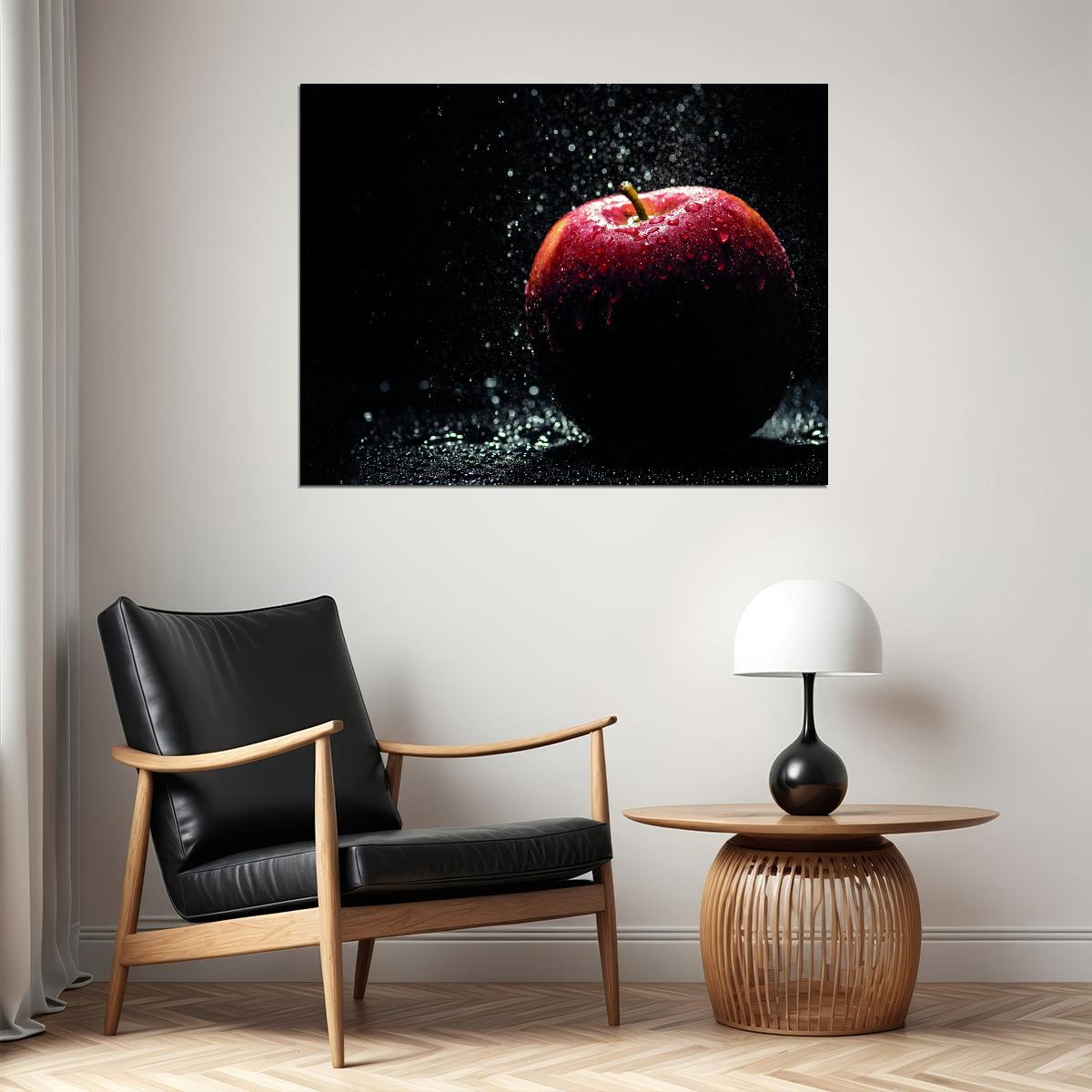 Red Apple with Water Droplets Poster Dramatic Fruit Photography Modern Wall Decor Print