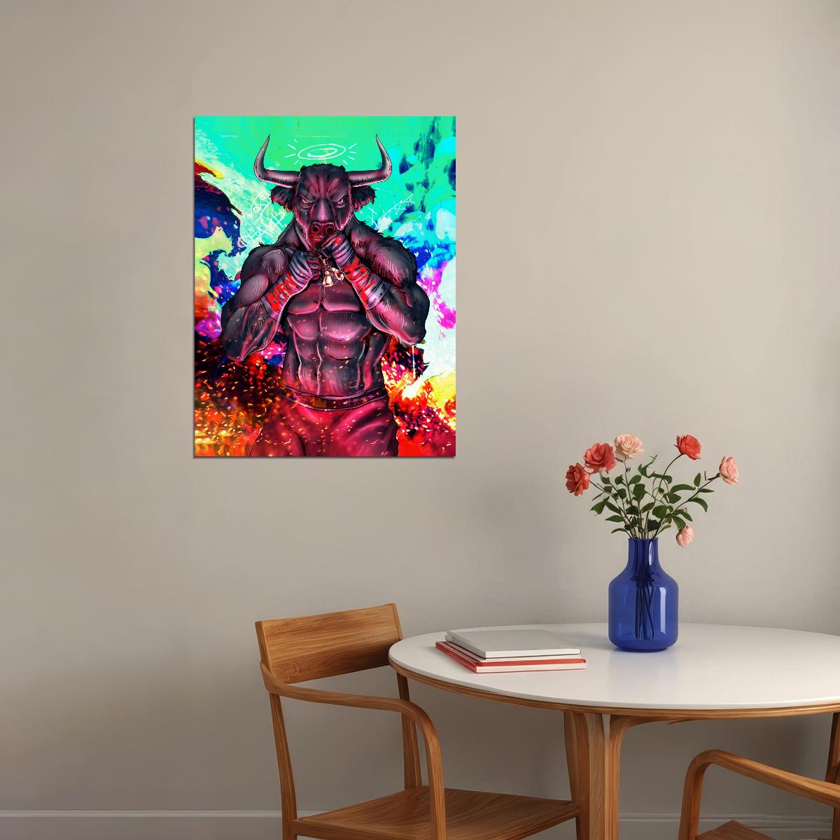 Fighting Bull Red Demon Warrior Poster Vibrant Fantasy Art Bold Comic Style Wall Decor Print