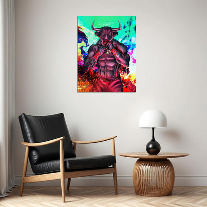 Fighting Bull Red Demon Warrior Poster Vibrant Fantasy Art Bold Comic Style Wall Decor Print