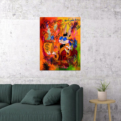 Bugs Bunny Graffiti Poster Colorful Street Art Money Theme Pop Culture Urban Wall Decor Print