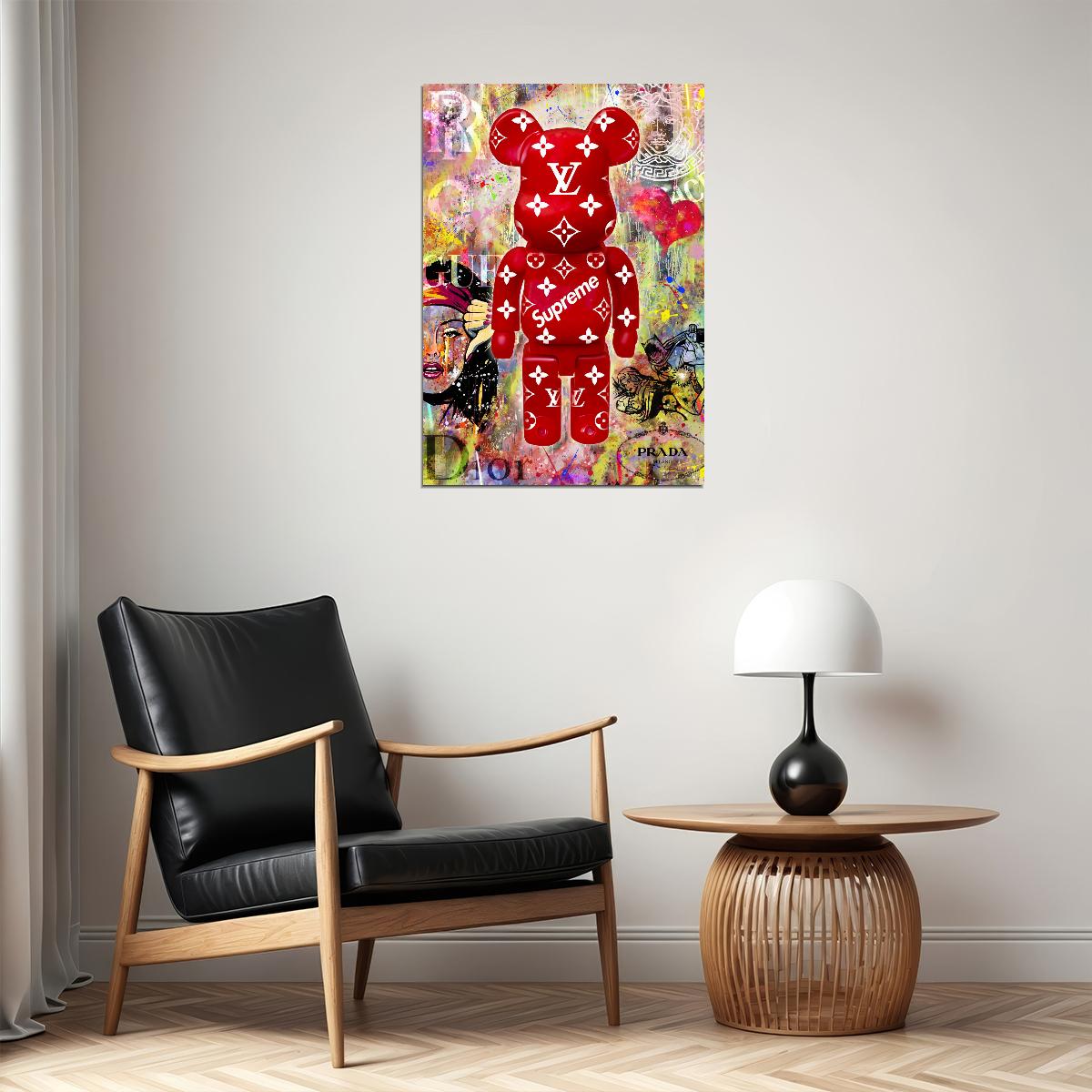 Kaws Supreme Street Graffiti Red Bear Graffiti Art Poster Designer Toy Street Wall Decor Entrepreneur Style Trendy Pop Art Poster Print