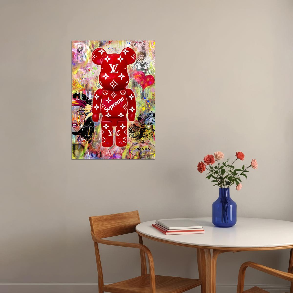 Kaws Supreme Street Graffiti Red Bear Graffiti Art Poster Designer Toy Street Wall Decor Entrepreneur Style Trendy Pop Art Poster Print