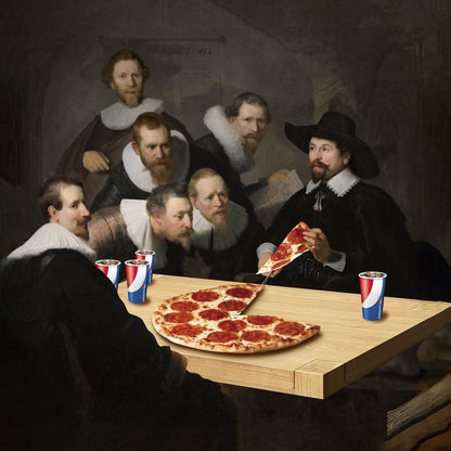 The Pizza Lesson Rembrandt Painting Reimagined Art Vandal Artwork Modern Parody Street Pop Art Altered Famous Masterpiece Artistic Humor