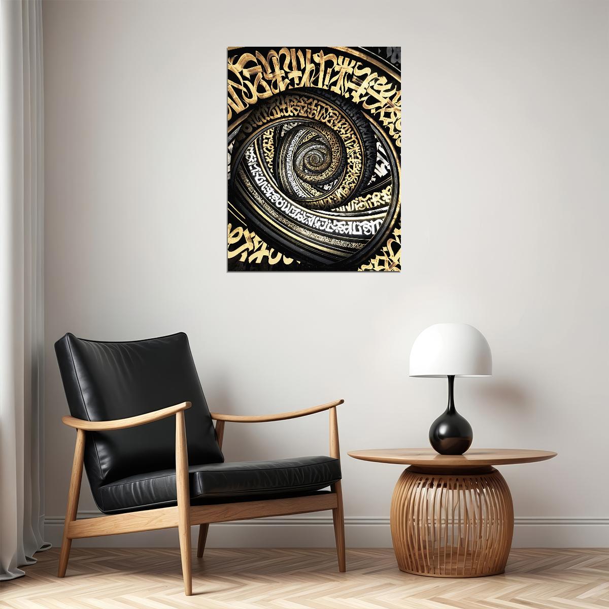 Abstract Typography Black Gold Swirl Arabic Calligraphy Spiral Art Poster Elegant Wall Decor Swag Modern Abstract Artistic Wall Print