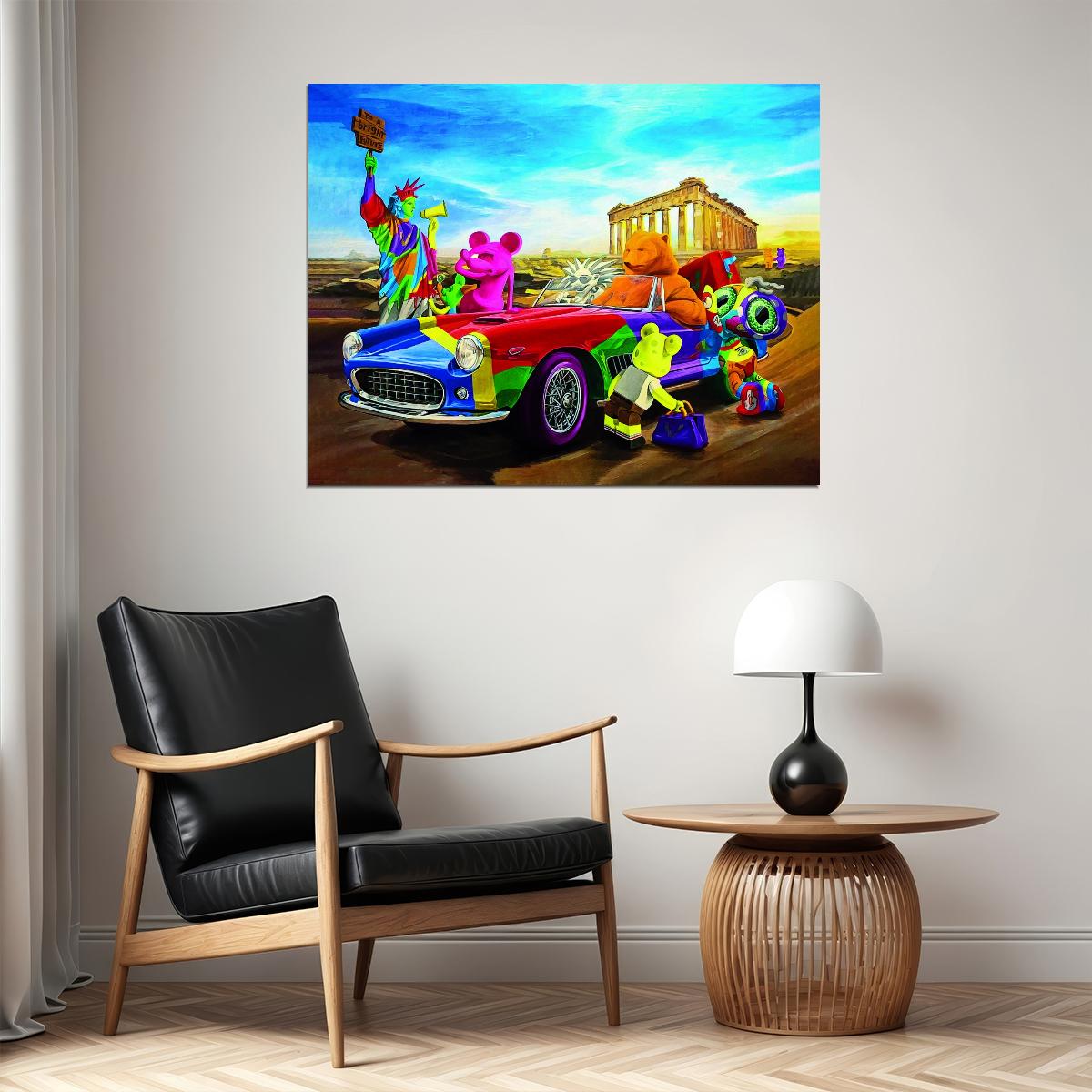 Cartoon Statue Of Liberty Mickey Mouse Parthenon Greek Gods Road Trip Art Poster Vibrant Pop Art Wall Decor Fun Swag Modern Wall Print