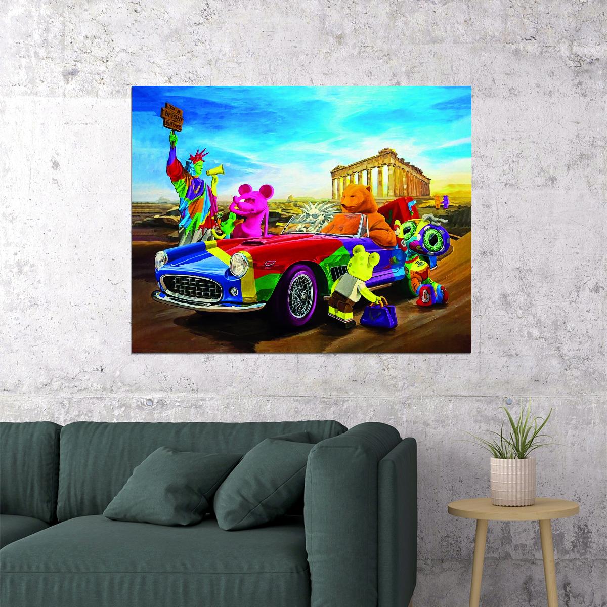 Cartoon Statue Of Liberty Mickey Mouse Parthenon Greek Gods Road Trip Art Poster Vibrant Pop Art Wall Decor Fun Swag Modern Wall Print