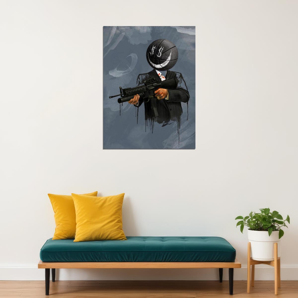 Cash Face Gangster Moon Head Gun Art Poster Dark Modern Wall Decor Unique Bold Artistic Design Wall Print