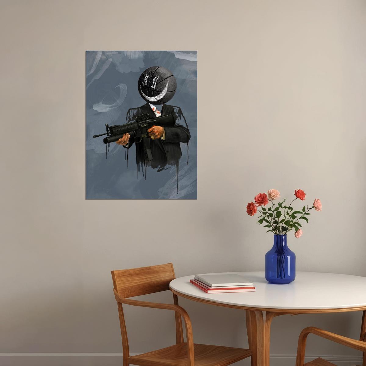 Cash Face Gangster Moon Head Gun Art Poster Dark Modern Wall Decor Unique Bold Artistic Design Wall Print