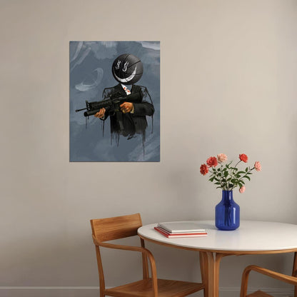 Cash Face Gangster Moon Head Gun Art Poster Dark Modern Wall Decor Unique Bold Artistic Design Wall Print