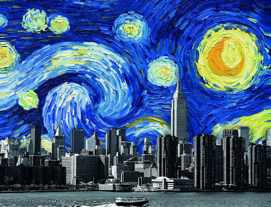 Starry Night City Skyline Art Poster Modern Fusion Wall Decor Van Gogh-Inspired Urban Design Wall Print