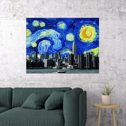 Starry Night City Skyline Art Poster Modern Fusion Wall Decor Van Gogh-Inspired Urban Design Wall Print