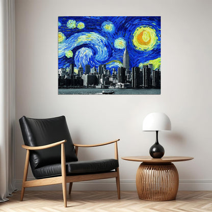 Starry Night City Skyline Art Poster Modern Fusion Wall Decor Van Gogh-Inspired Urban Design Wall Print