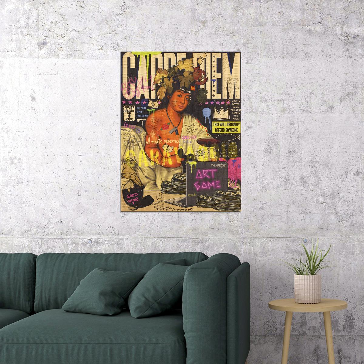 Carpe Diem Collage Art Poster Vibrant Eclectic Wall Decor Graffiti Pop Art Fusion Wall Print